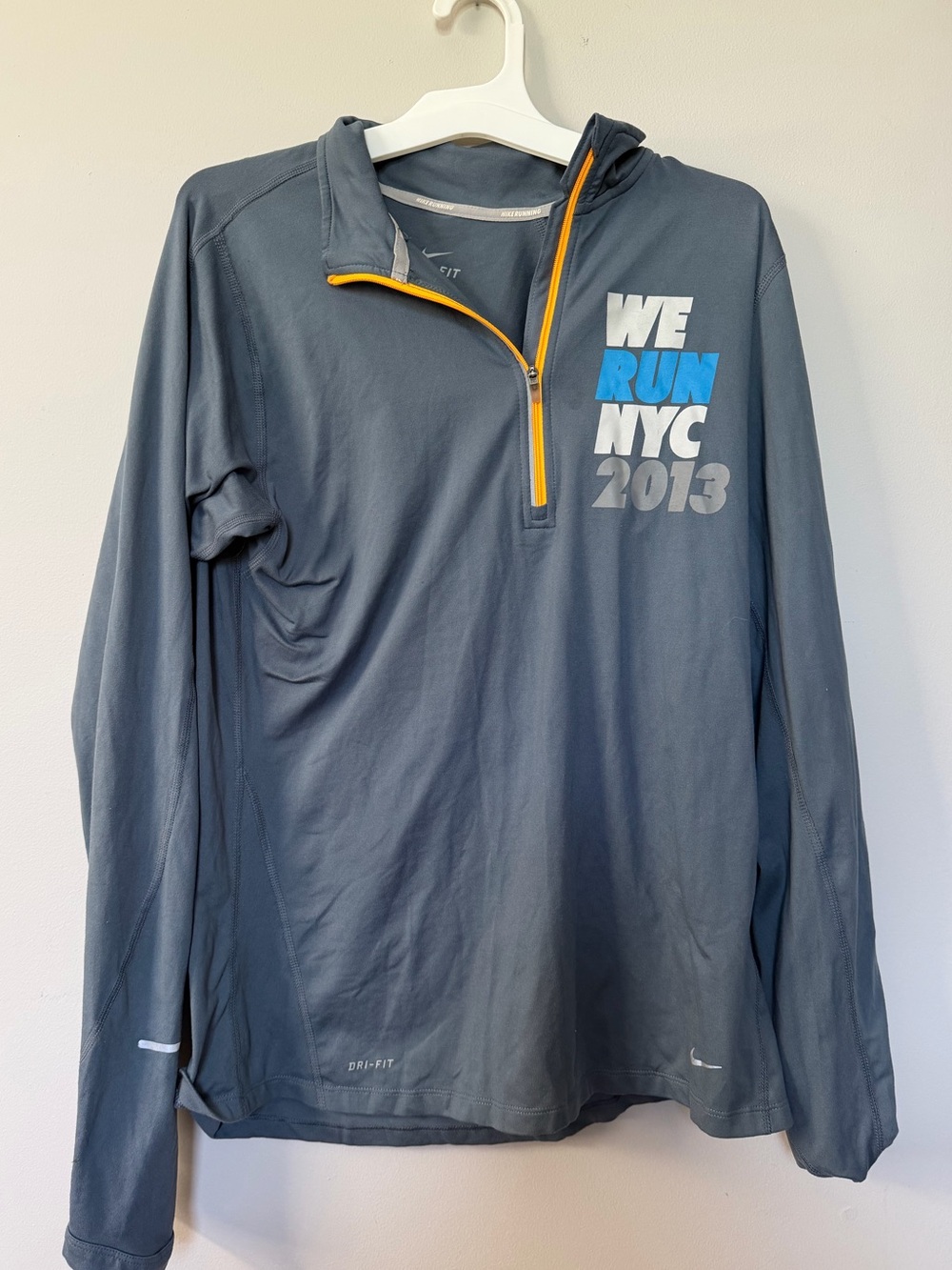 Nike Gray Half-Zip “We Run NYC 2013” Pullover with Blue and orange Accents